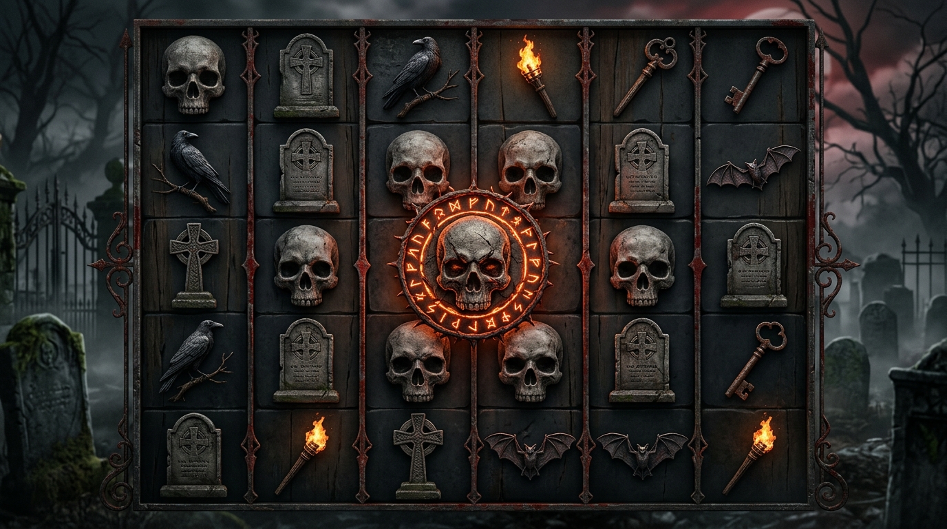 Игровое поле слота Death Dominion с символами в готическом стиле